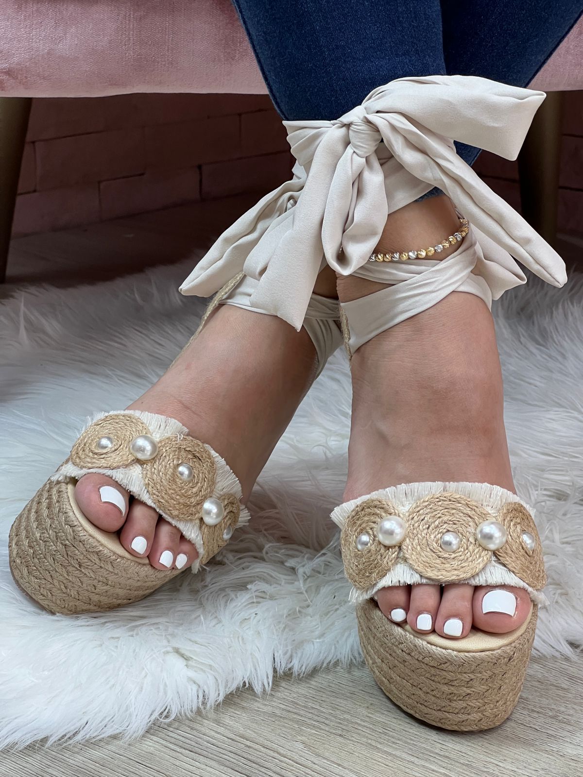 Ribbon Tie Up Jute Platform Wedge Sandals