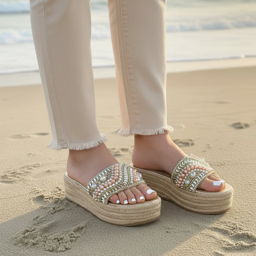 Embellished Rose Pearls Flat Espadrille Sandals