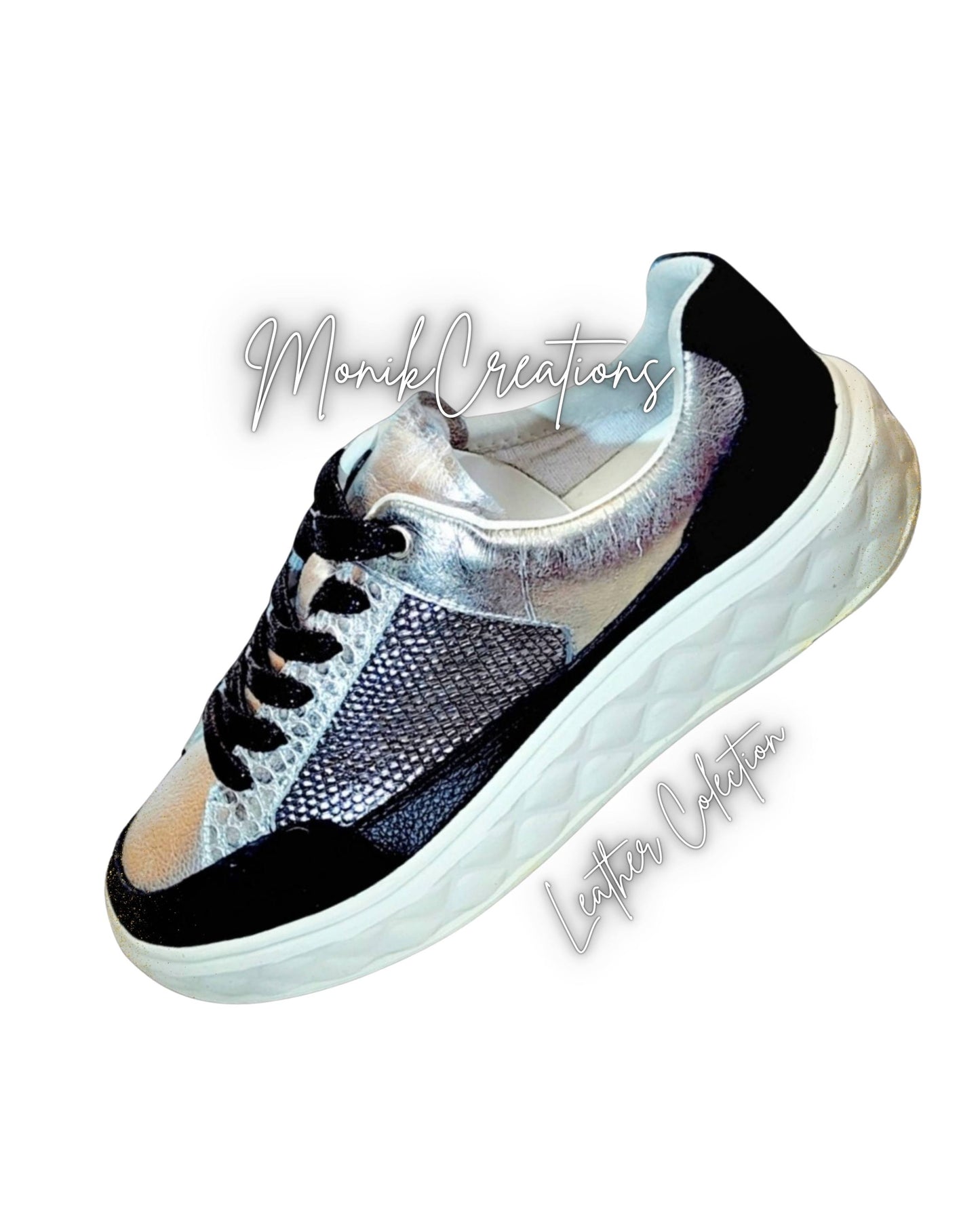 Silver Black Leather Sneakers