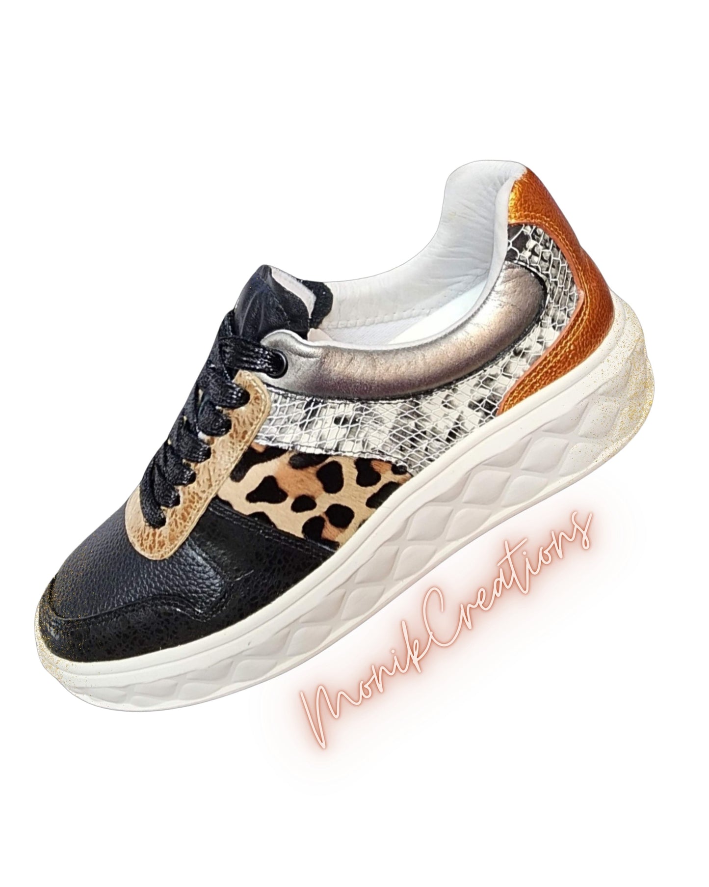 Leopard Black Leather Sneakers For Women