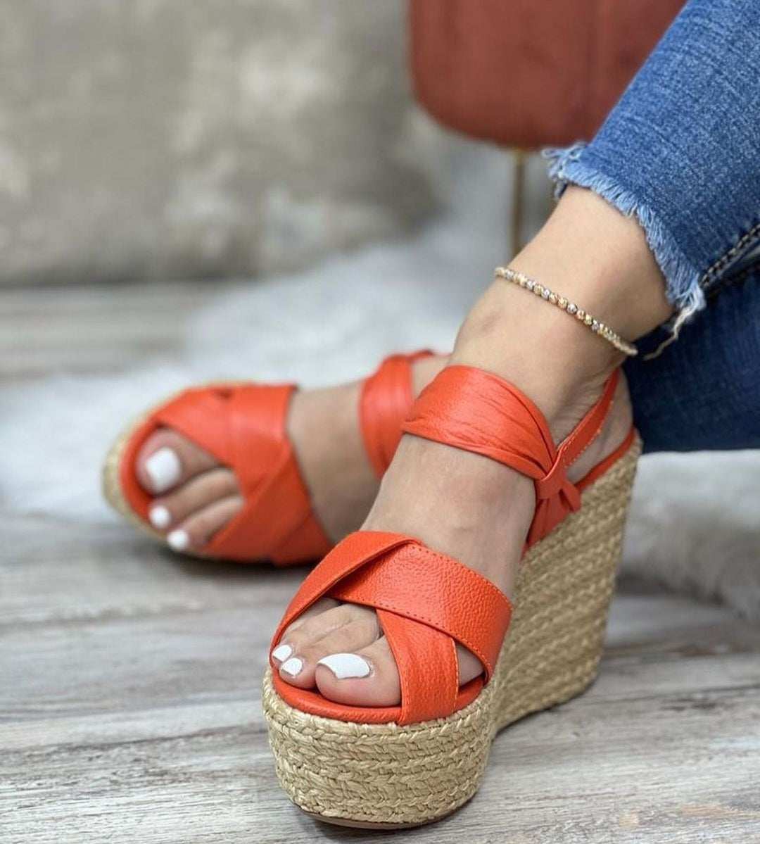 Espadrilles compensées à plateforme en cuir orange