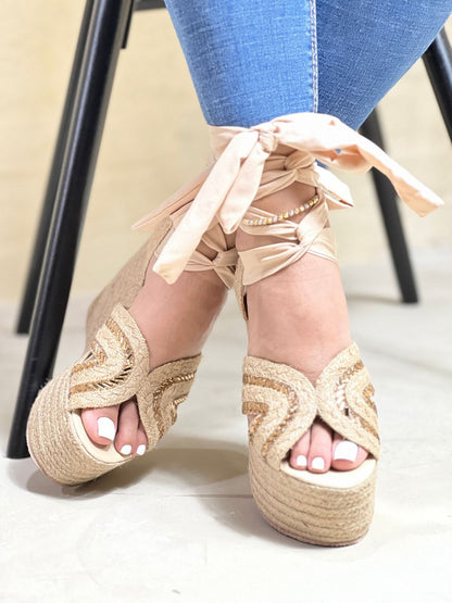 Crystal Ribbon Tie Up Jute Platform Wedge Sandals