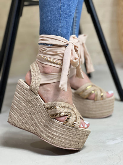 Crystal Ribbon Tie Up Jute Platform Wedge Sandals