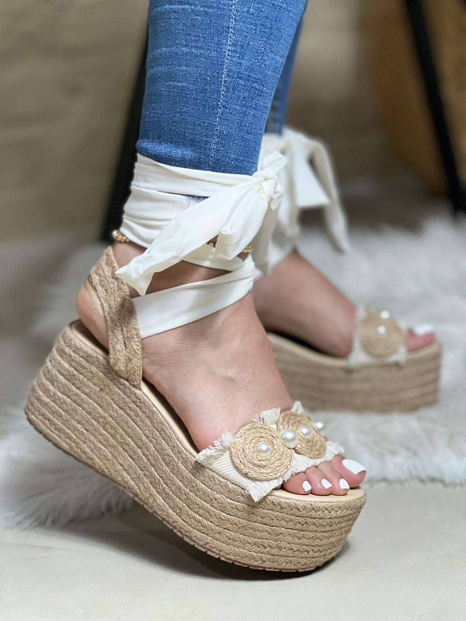 Ribbon Tie Up Jute Platform Medium Wedge Sandals