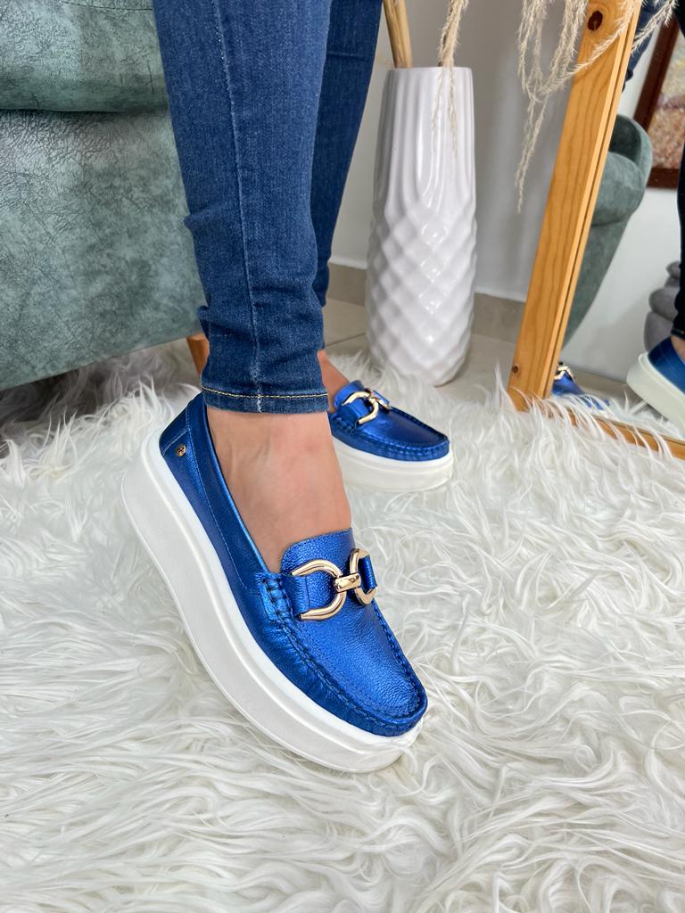 Mocassins en cuir bleu royal métallisé pour femmes