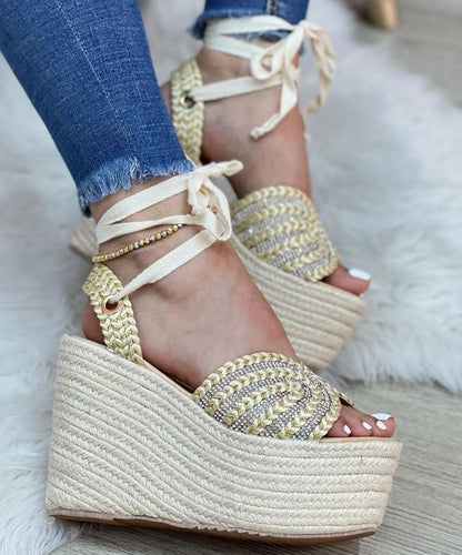 Rhinestone  Ribbon Tie Up Jute Platform Wedge Sandals