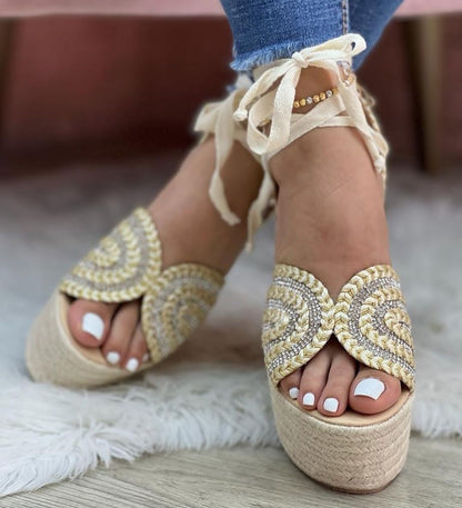 Rhinestone  Ribbon Tie Up Jute Platform Wedge Sandals