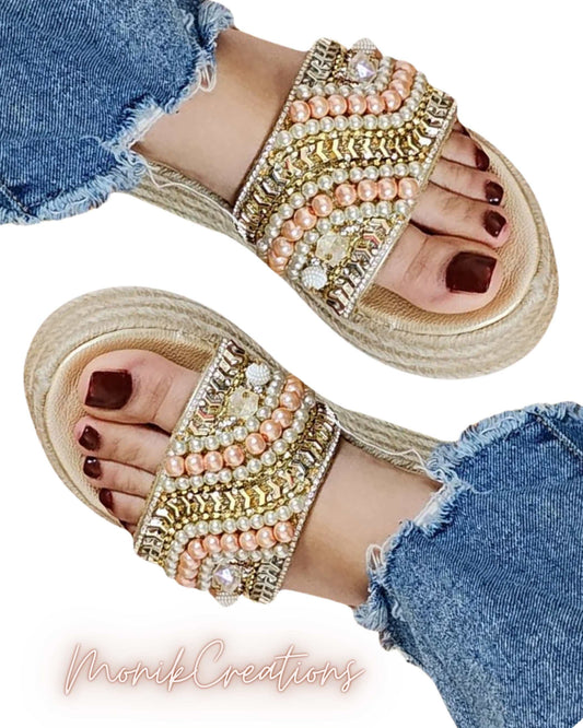 Embellished Rose Pearls Flat Espadrille Sandals