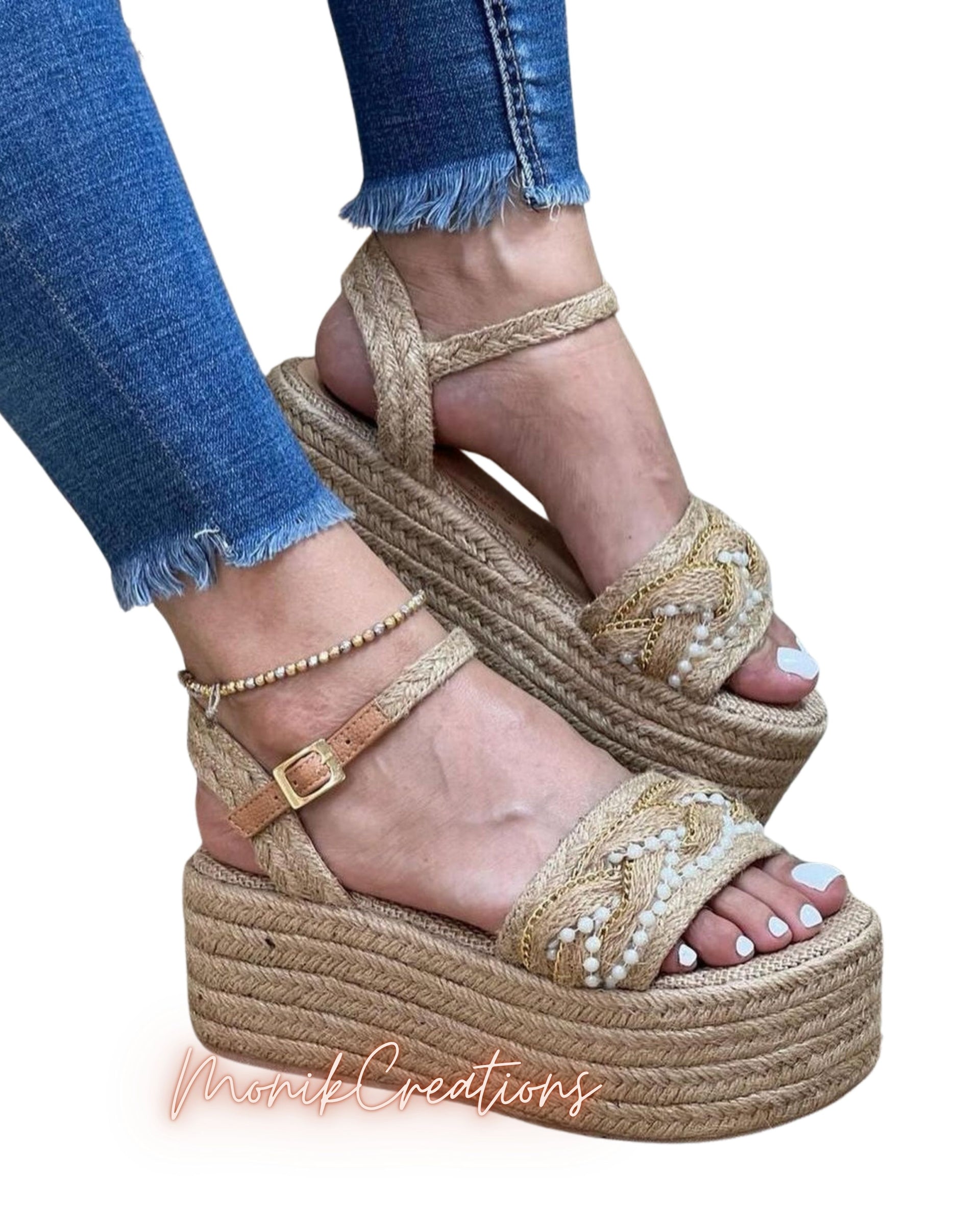 Embellished Strappy Jute Platform Sandals for Women – MonikCreations