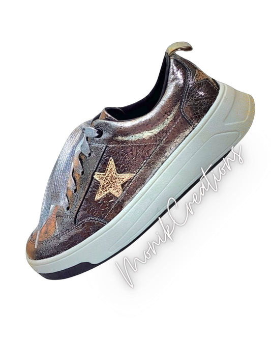 Gunmetal Gray Star Leather Sneakers For Women