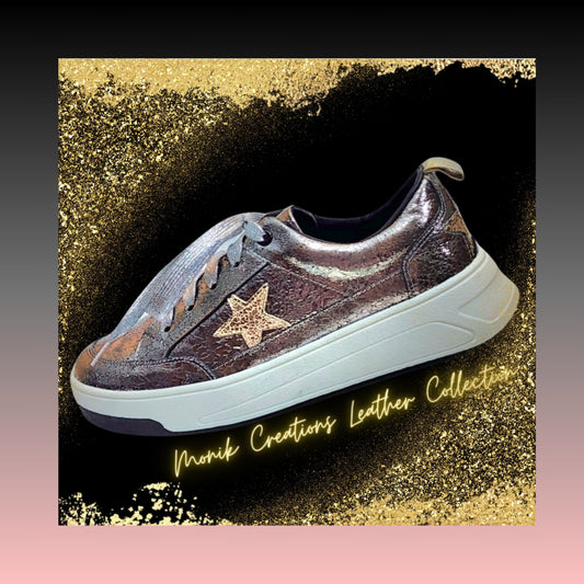 Gunmetal Gray Star Leather Sneakers For Women