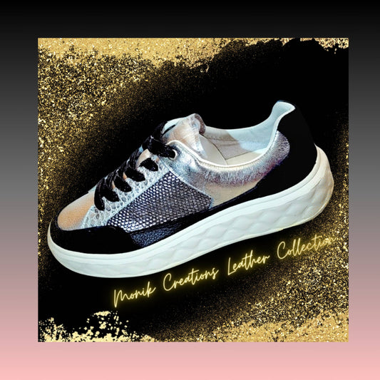 Silver Black Leather Sneakers