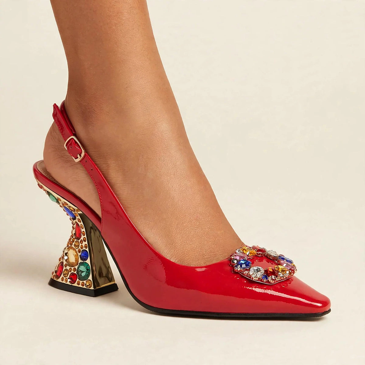 Bijou Jeweled Pumps in red - patent slingback pump with crystal medallion and jeweled sculptural heel, worn on foot