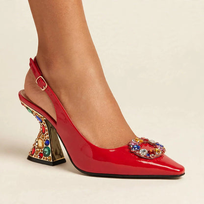 Bijou Jeweled Pumps in red - patent slingback pump with crystal medallion and jeweled sculptural heel, worn on foot