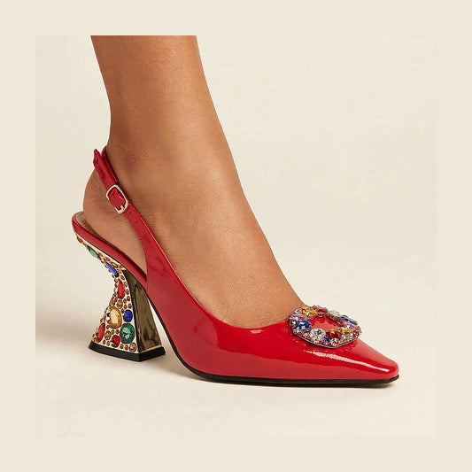Bijou Jeweled Pumps in red - patent slingback pump with crystal medallion and jeweled sculptural heel, worn on foot