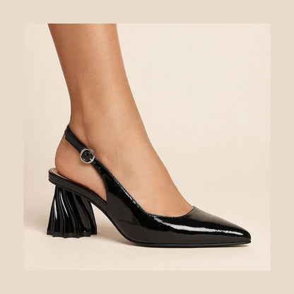 Gala Sculpted Slingback in Black - patent slingback with sculptural heel, worn on foot