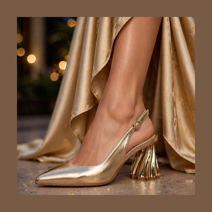 Gala Sculpted Slingback in Gold - lifestyle with evening gown