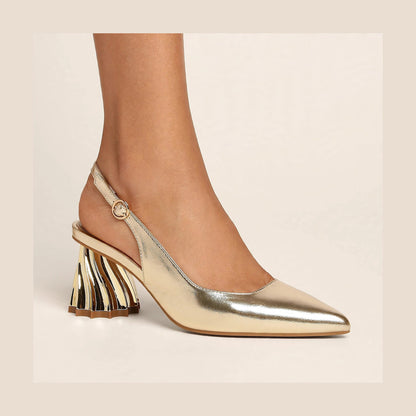 Gala Sculpted Slingback in Gold - patent slingback with sculptural heel, worn on foot