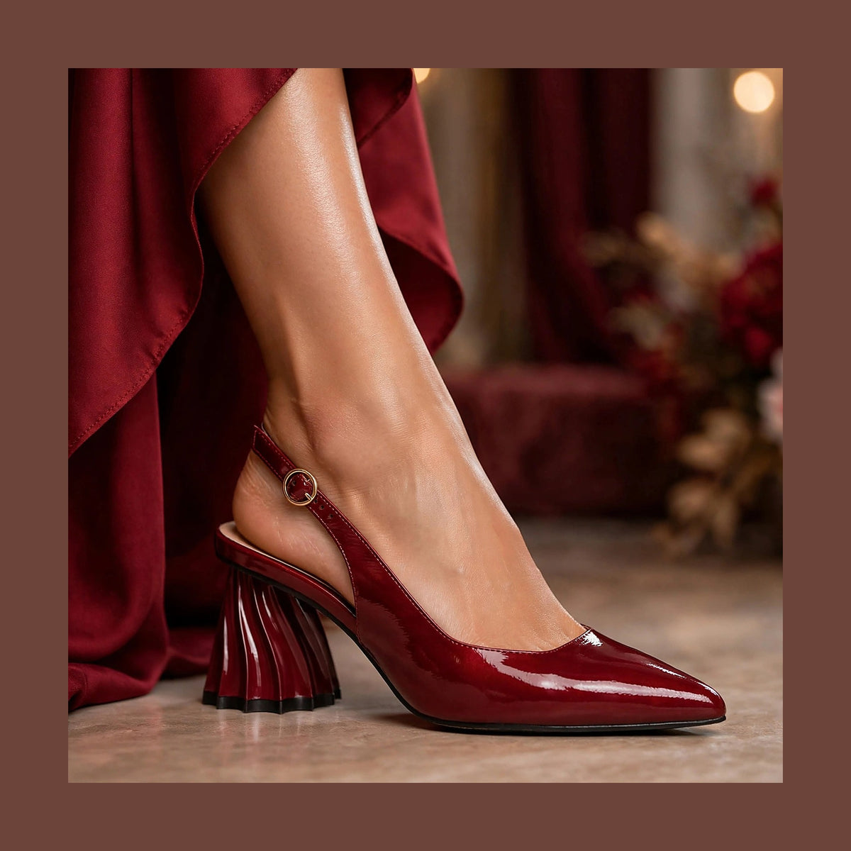 Gala Sculpted Slingback in Wine - lifestyle with evening gown