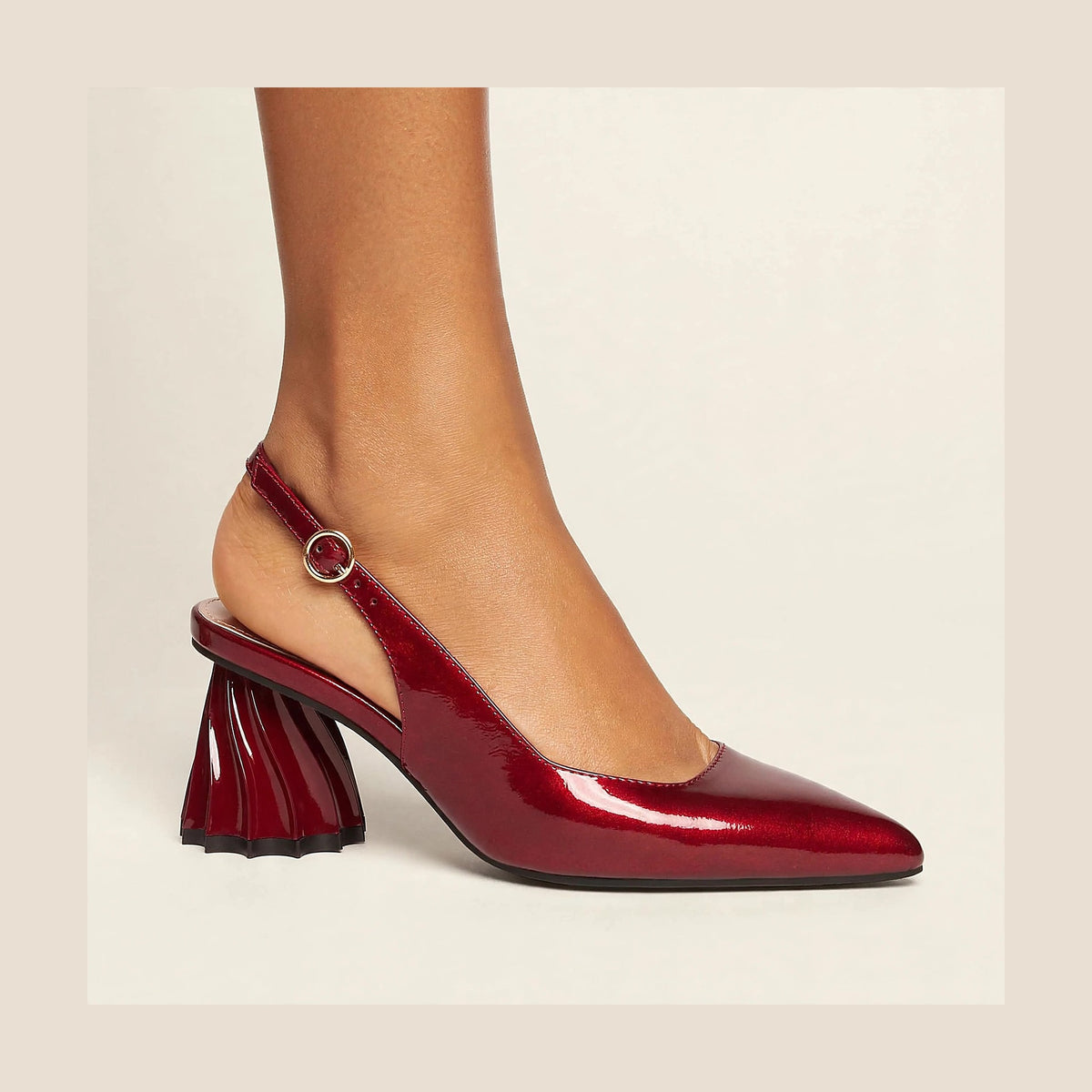 Gala Sculpted Slingback in Wine - patent slingback with sculptural heel, worn on foot