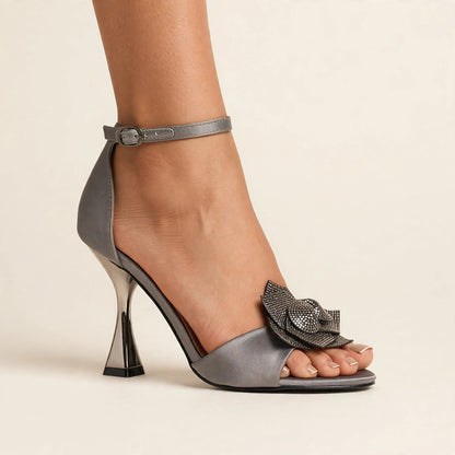 Fleur Crystal Sandal in pewter - satin sandal with crystal flower applique and ankle strap, worn on foot