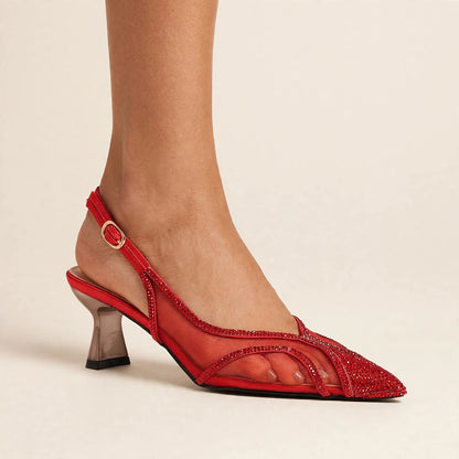 Lumière Mesh Slingback in red - sheer mesh slingback pump with crystal toe cap, worn on foot
