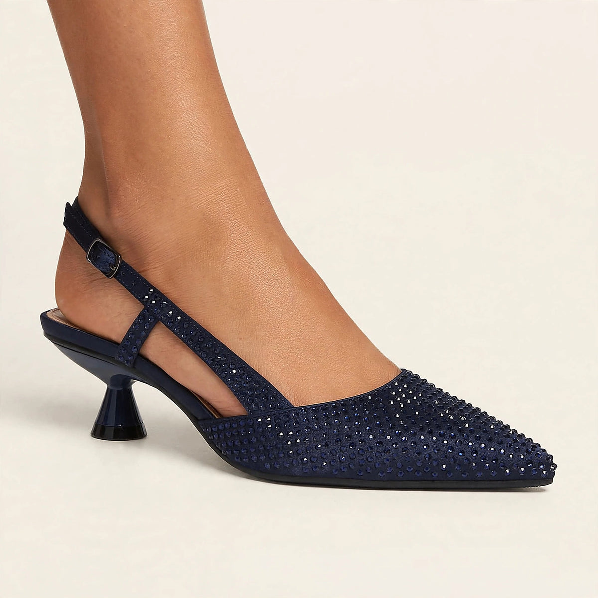 Noir Crystal Slingback in navy - rhinestone pointed-toe slingback pump with spool heel, worn on foot