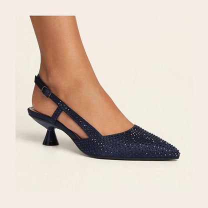 Noir Crystal Slingback in navy - rhinestone pointed-toe slingback pump with spool heel, worn on foot