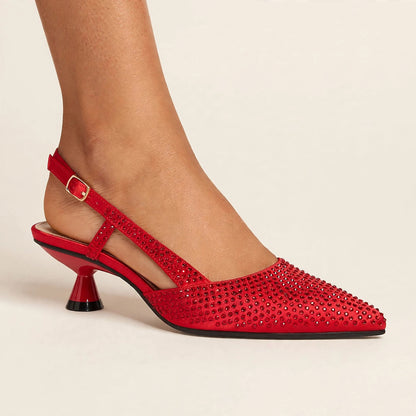 Noir Crystal Slingback in red - rhinestone pointed-toe slingback pump with spool heel, worn on foot