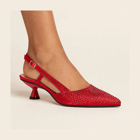 Noir Crystal Slingback in red - rhinestone pointed-toe slingback pump with spool heel, worn on foot