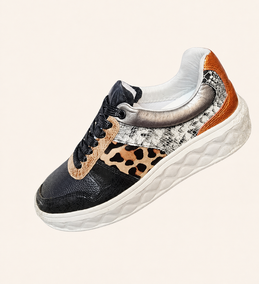 Leopard Black Leather Sneakers For Women