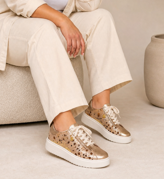 Women's champagne genuine leather platform sneaker with metallic accents by MonikCreations
