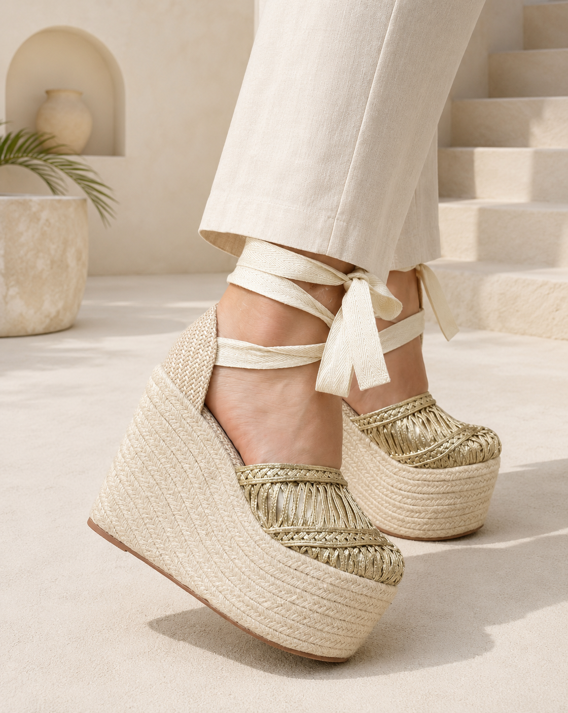 Handmade gold wedge espadrille sandals with woven textile upper, lace-up ankle ties, braided jute platform, open toe, and floral details by MonikCreations