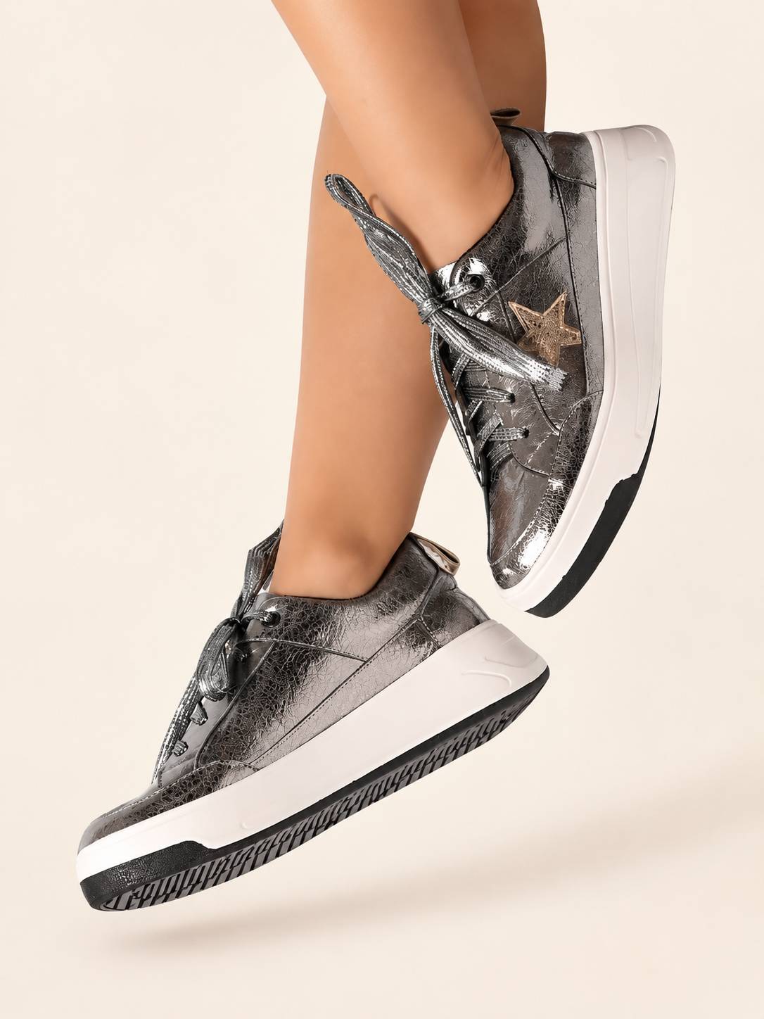 Gunmetal Gray Star Leather Sneakers For Women