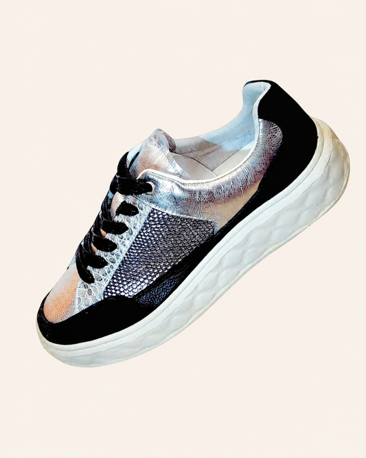 Silver Black Leather Sneakers