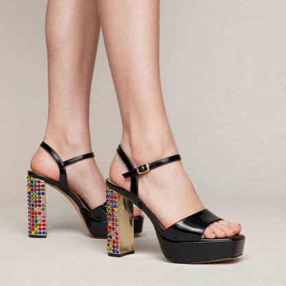 Black Crystal Platform Sandal – Multicolor Rhinestone Block Heel