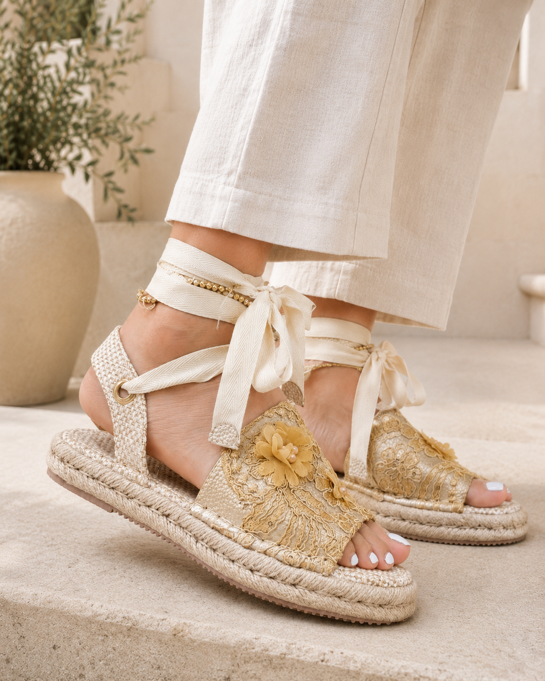 Yellow floral espadrille sandals with lace-up ankle ties and braided jute platform by MonikCreations.