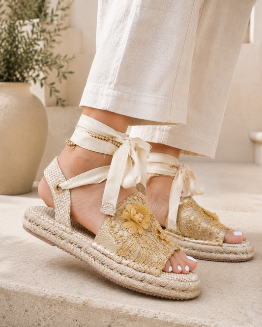 Yellow floral espadrille sandals with lace-up ankle ties and braided jute platform by MonikCreations.