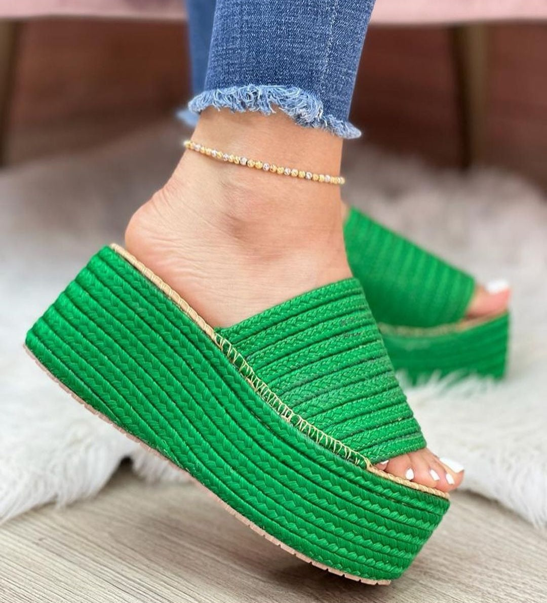 Green Jute Platform Medium Wedge Sandals