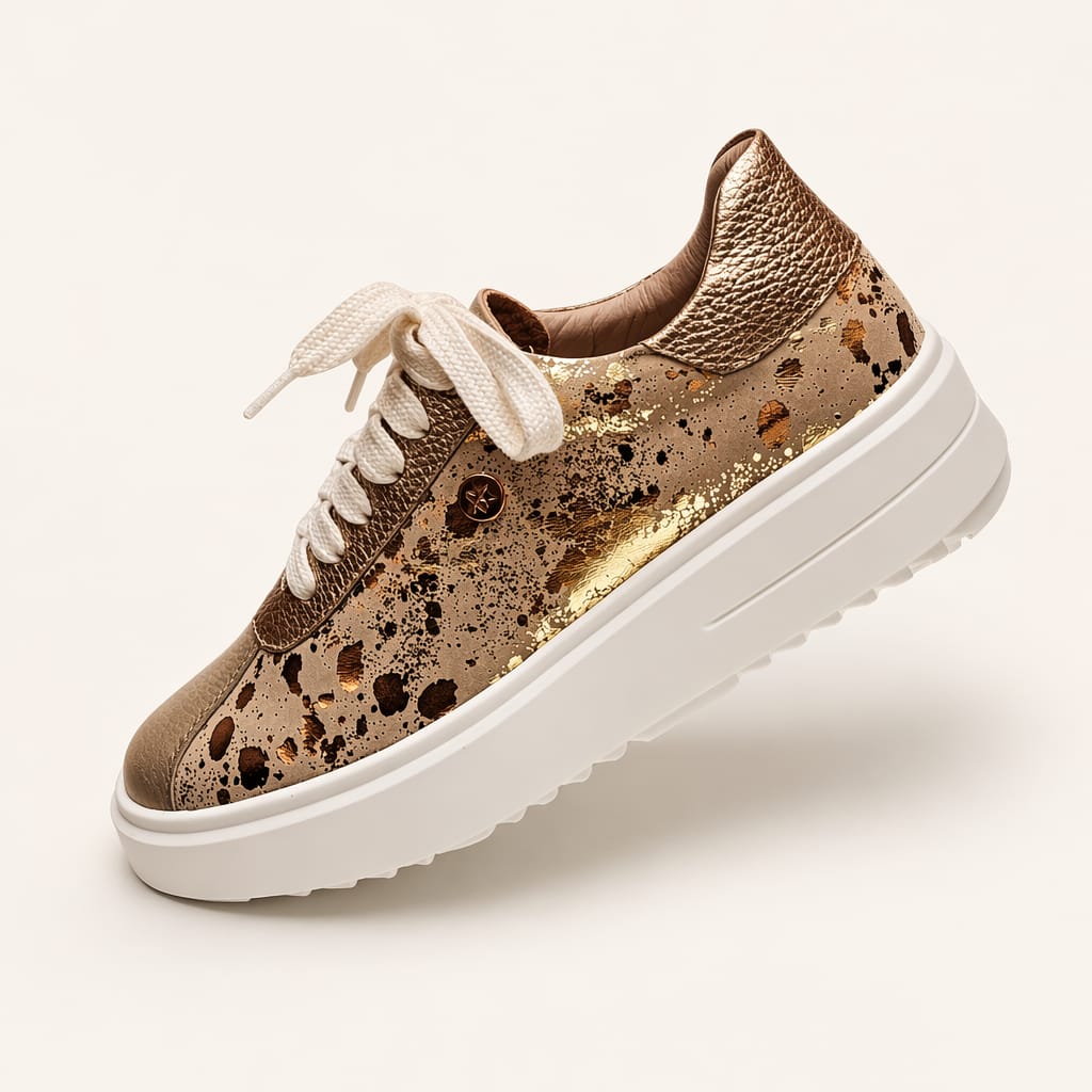 Women's champagne genuine leather platform sneaker with metallic accents by MonikCreations