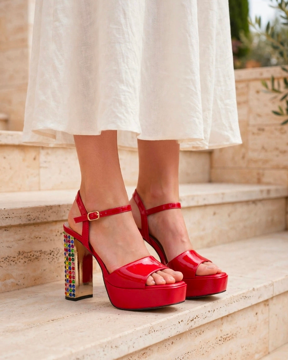Black Crystal Platform Sandal – Multicolor Rhinestone Block Heel