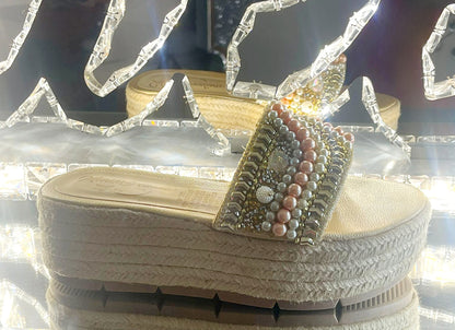 Embellished Rose Pearls Flat Espadrille Sandals