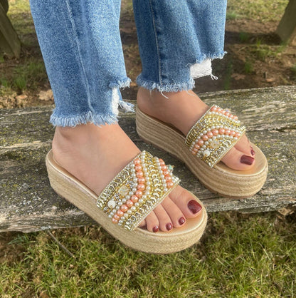 Embellished Rose Pearls Flat Espadrille Sandals