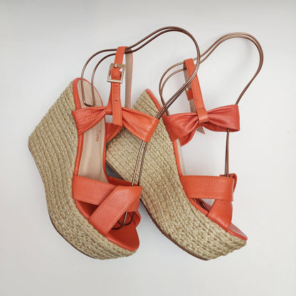 Orange Leather Platform Espadrille Wedges