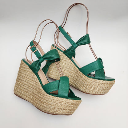 Green Leather Espadrille Wedge Sandals