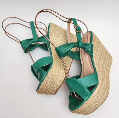 Green Leather Espadrille Wedge Sandals