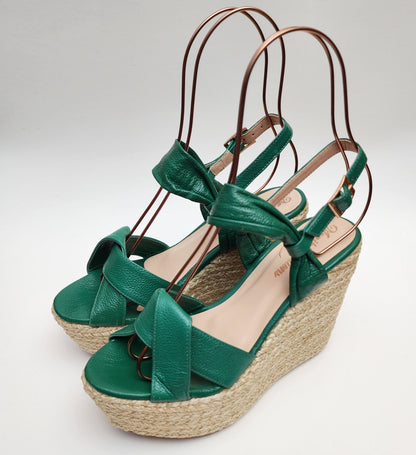 Green Leather Espadrille Wedge Sandals