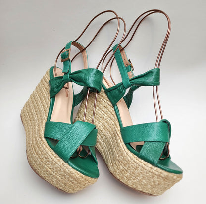 Green Leather Espadrille Wedge Sandals