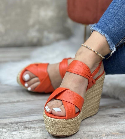 Orange Leather Platform Espadrille Wedges