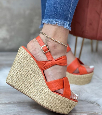 Orange Leather Platform Espadrille Wedges